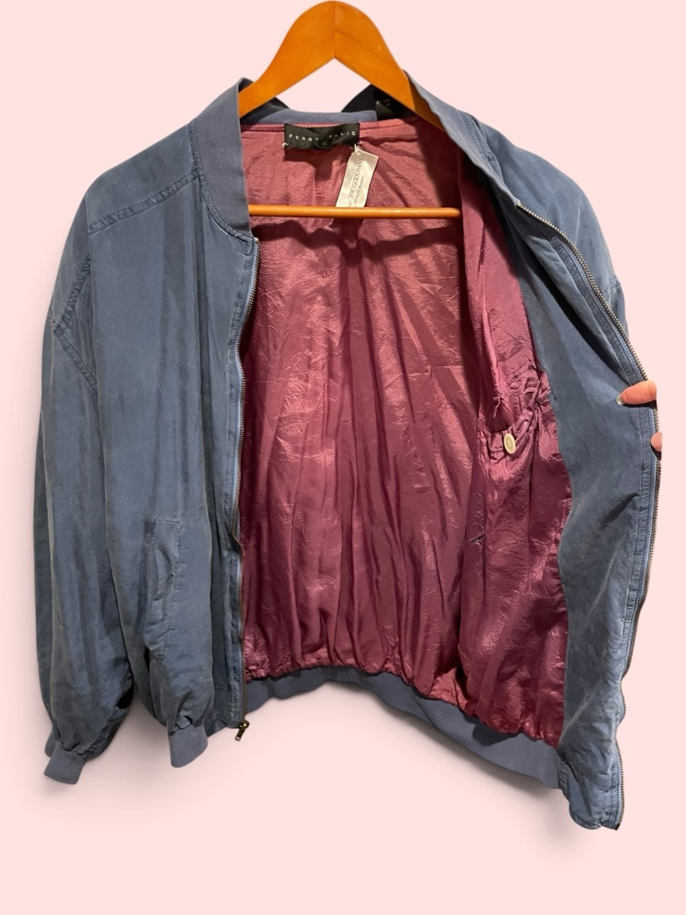 Vintage 90s Perry Ellis Bergdorf Goodman washed blue silk bomber jacket luxury